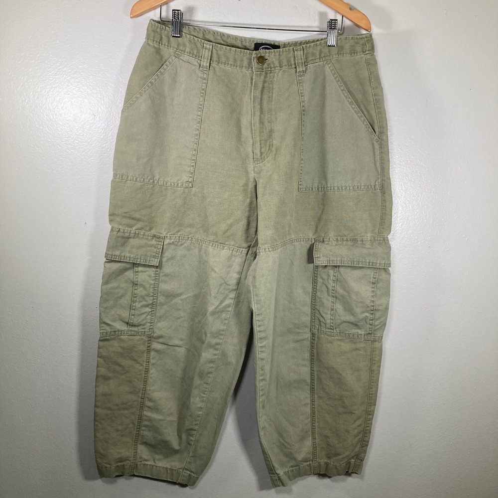 Scoop Women 12 Sage Green Linen Blend Cargo Pants Cropped Wide Leg Utility
